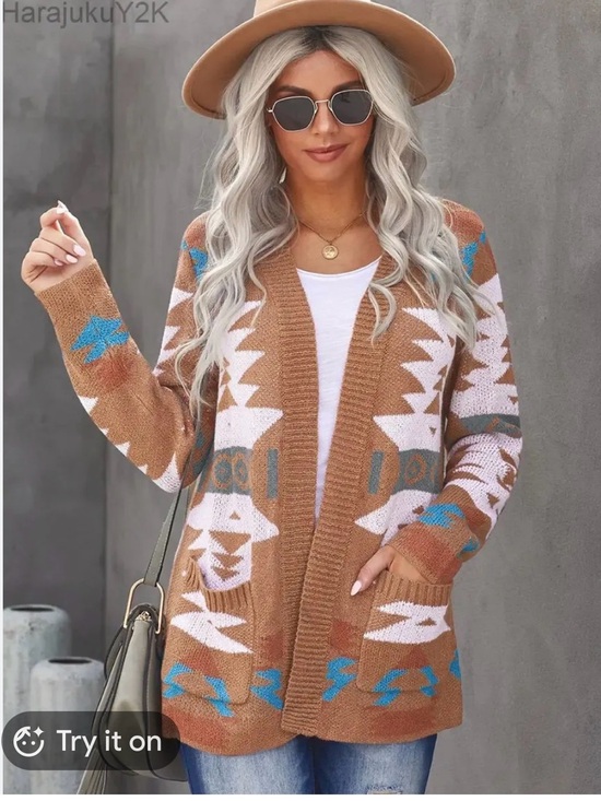 Sweaters - Cozy Southwestern Aztec Knit Cardigan in Rust & Cream